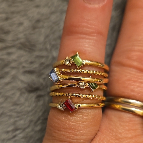 Gold and Red Stacked Rings with Gemstones - Picture 1 of 3